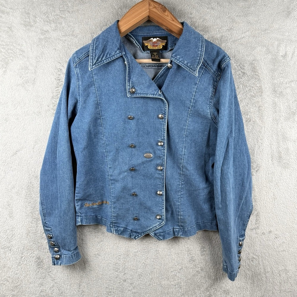 Harley Davidson Denim Jacket Womens M Double Breasted Blue Jean Vintage 90s Coat